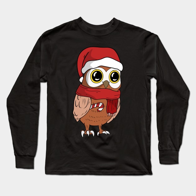 Owl Christmas Holiday Shirt with Santa hat and candy cane for bird lovers Long Sleeve T-Shirt by TheBeardComic